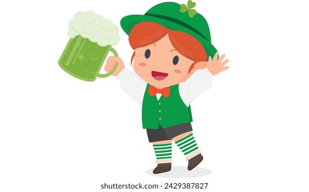 Character cartoon icon object celebration festival beer glass green color boy girl cheerful jumping vector illustration lucky ireland shamrock elf culture gnome invitation dwarf celtic spring funny 