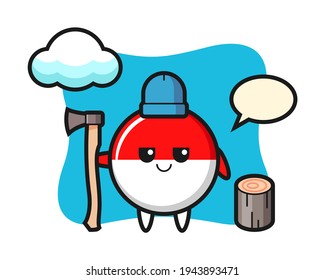 Character cartoon of indonesia flag badge as a woodcutter