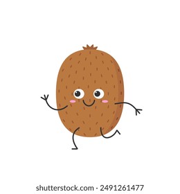 Caricatura de personaje kiwi fruta corriendo linda cara sonriente jugosa dulce kawaii feliz emociones icono Ilustración vectorial.