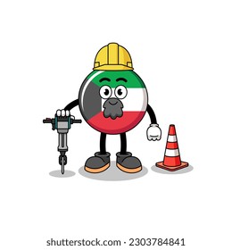 Caricatura de personajes de la bandera kuwait trabajando en la construcción de carreteras , diseño de personajes