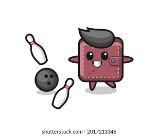 Character cartoon of leather wallet is playing bowling
