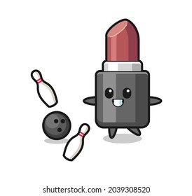 Character cartoon of lipstick is playing bowling , cute style design for t shirt, sticker, logo element