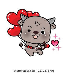 Character Cartoon Little Buffalo Cupid shooting a love, bow and arrow flying with red balloons, Valentine's Day illustration. isolated on white.