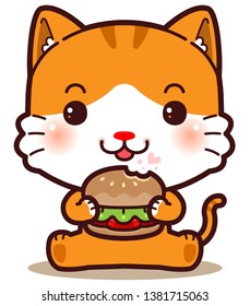 Character Cartoon Little Cat Eating Hamburger.