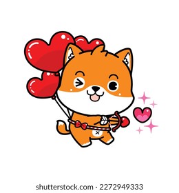 Character Cartoon Little Fox Cupid shooting a love, bow and arrow flying with red balloons, Valentine's Day illustration. isolated on white.