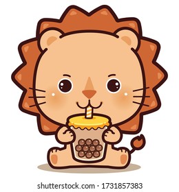 Character Cartoon Little Lion Eating Boba Bubble Milk Tea, black pearls is Taiwanese famous and popular drink.