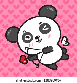 Character Cartoon Little Panda Cupid shooting a love, bow and arrow flying on white wings, Valentine's Day illustration.