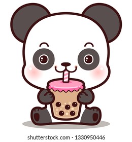 Character Cartoon Little Panda Eating Boba Bubble Milk Tea, Black Pearls Is Taiwanese Famous And Popular Drink.