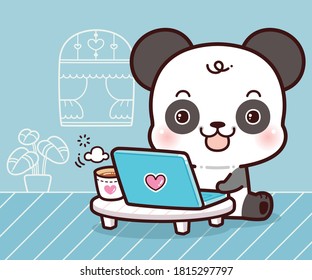 Character Cartoon Little Panda freelancers working on laptops and computers at home. Working at home, coworking space, Stay at home, Home education, Concept Vector flat style illustration.