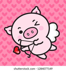 Character Cartoon Little Pig Cupid shooting a love, bow and arrow flying on white wings, Valentine's Day illustration.