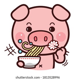 Character Cartoon Little Pig, eating Ramen Noodles.