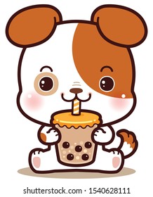 Character Cartoon Little Puppy Eating Boba Bubble Milk Tea, black pearls is Taiwanese famous and popular drink.