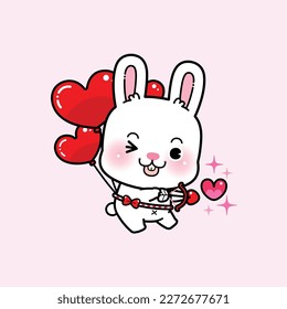 Character Cartoon Little Rabbit Cupid shooting a love, bow and arrow flying with red balloons, Valentine's Day illustration. isolated on white.
