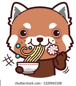 character cartoon little red panda bear, eating ramen noodles.