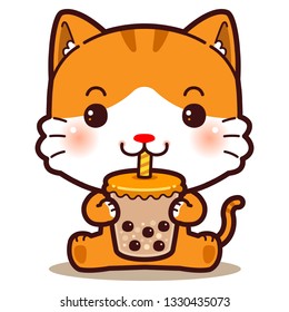 Character Cartoon Little White Cat Eating Boba Bubble Milk Tea, black pearls is Taiwanese famous and popular drink.