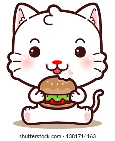 Character Cartoon Little White Cat Eating Hamburger.