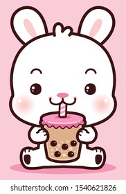 Character Cartoon Little White Rabbit Eating Boba Bubble Milk Tea, black pearls is Taiwanese famous and popular drink.