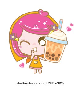 Character Cartoon love Boba Bubble Milk Tea, Pearl milk tea, Yummy drinks, Taiwan milk tea, Boba Bubble Milk Tea, Cute Sticker, Vector Illustration