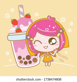 Character Cartoon love Boba Bubble Milk Tea, Pearl milk tea, Yummy drinks, Taiwan milk tea, Boba Bubble Milk Tea, Cute Sticker, Vector Illustration