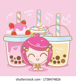 Character Cartoon love Boba Bubble Milk Tea, Pearl milk tea, Yummy drinks, Taiwan milk tea, Boba Bubble Milk Tea, Cute Sticker, Vector Illustration