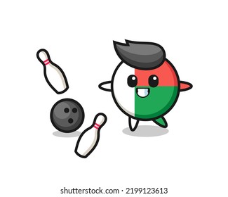 Character cartoon of madagascar flag badge is playing bowling , cute design