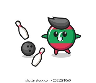 Character cartoon of maldives flag badge is playing bowling , cute design
