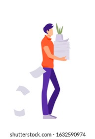 Character cartoon man office worker carries paper. Modern office work, businessman.