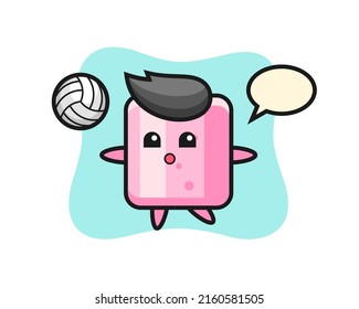 Caricatura de personajes del malvavisco es jugar al voleibol, diseño de estilo lindo para camisetas, pegatinas, elemento logo