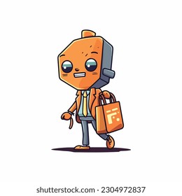 Character cartoon mascot logo for online trading company with the mascot in the form of a character holding a shopping bag or laptop.