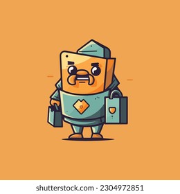 Character cartoon mascot logo for online trading company with the mascot in the form of a character holding a shopping bag or laptop.