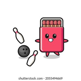 Character cartoon of matches box is playing bowling , cute design