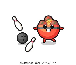 Character cartoon of meatball bowl is playing bowling , cute design