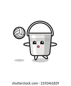 Character cartoon of metal bucket is playing volleyball , cute style design for t shirt, sticker, logo element