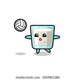 Character cartoon of milk is playing volleyball , cute style design for t shirt, sticker, logo element