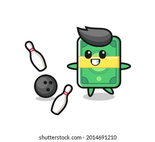 Character cartoon of money is playing bowling , cute style design for t shirt, sticker, logo element