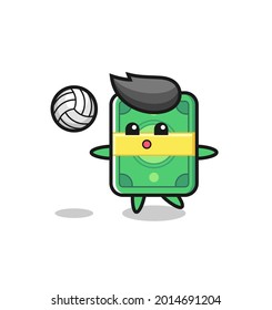 Character cartoon of money is playing volleyball , cute style design for t shirt, sticker, logo element