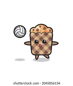 Character cartoon of muffin is playing volleyball , cute design