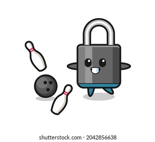 Character cartoon of padlock is playing bowling , cute style design for t shirt, sticker, logo element