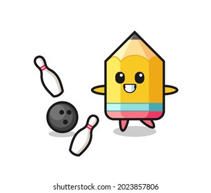 Character cartoon of pencil is playing bowling , cute style design for t shirt, sticker, logo element