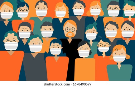Character of cartoon People group standing with protective facial mask.