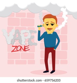 Character of the cartoon (person) with an electronic cigarette (vape) with the inscription of cloudy (water vapor) letters.
