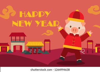 character cartoon pig chinese outfit china village red house special new year 2019 card banner year of the pig celebrate 