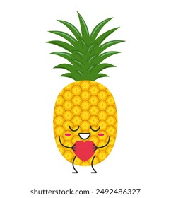 Character cartoon pineapple juicy fruit cute love sign heart favorite smiling face cheerful kawaii happy emotions icon vector illustration.