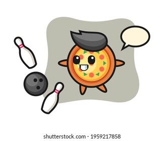 Character cartoon of pizza is playing bowling, cute style design for t shirt, sticker, logo element