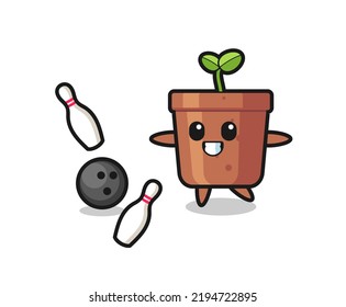 Character cartoon of plant pot is playing bowling , cute style design for t shirt, sticker, logo element