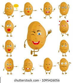 Character cartoon potato. Vector vegetable with face and hands with different facial expressions. Personage with a set of emotions.