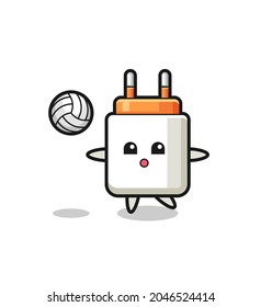 Charakterskartoon des Netzadapters ist Volleyball spielen, süßes Design