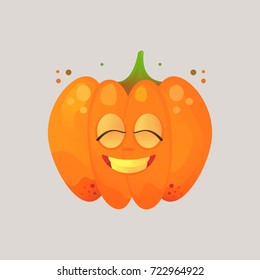 Character cartoon pumpkin. Emotional icon. He rocks his teeth with his eyes closed, very happy, peaceful. To the day of Halloween. Sticker for messengers and other communications. 