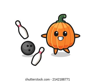 Character cartoon of pumpkin is playing bowling , cute design