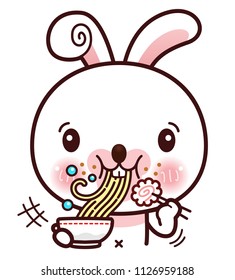 character cartoon Rabbit, eating ramen noodles.